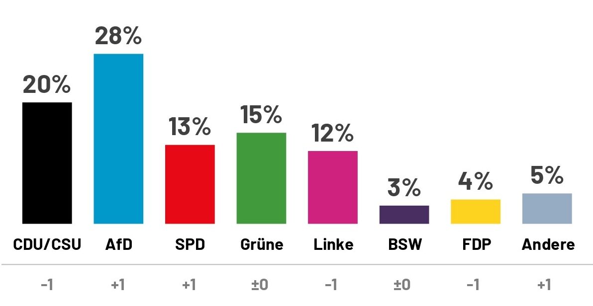 Ipsos Public Opinion Institute: „ალტერნატივა გერმანიისთვის“ რეიტინგი 28%-ს შეადგენს, ფრიდრიხ მერცის ბლოკის რეიტინგი კი 20%-მდე შემცირდა